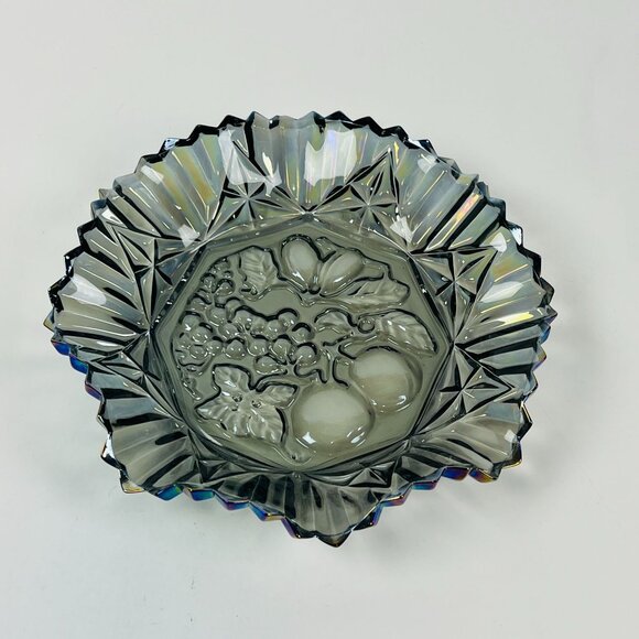 Vintage Carnival Glass Fruit Bowl Iridescent Clear Gray Scalloped Diamond Rim - Picture 1 of 10